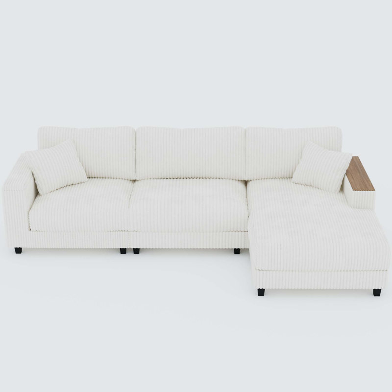 Deitz L-Shaped Corduroy Sectional Sofa with Hidden Storage & Pillows, Right Hand Facing, White Corduroy