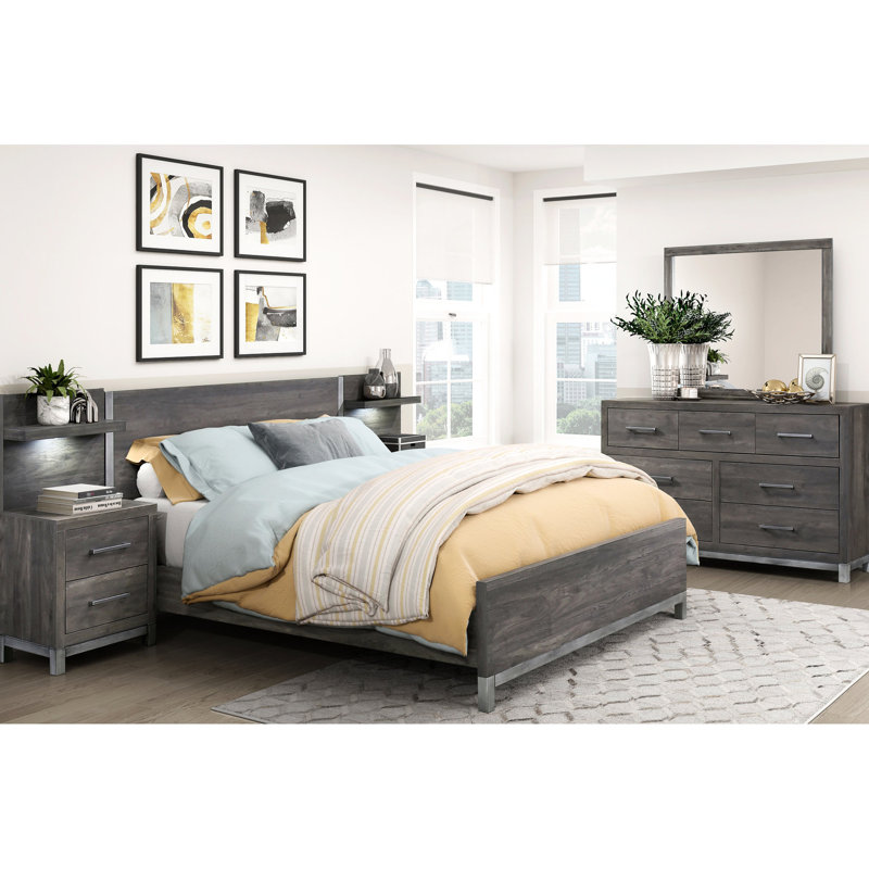 Grand lit pour chambre à coucher, sophistication moderne, gris brunâtre et argent antique