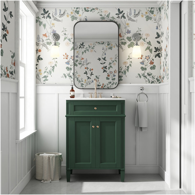 Meuble-lavabo 24 po avec 2 portes et tiroir escamotable, armoire de rangement de salle de bain avec lavabo, portes à fermeture en douceur avec organisateurs