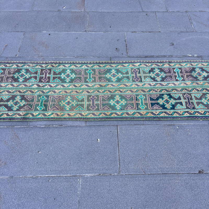 Tapis turc rétro tissé à la main avec un motif géométrique de style bohémien dans des tons verts