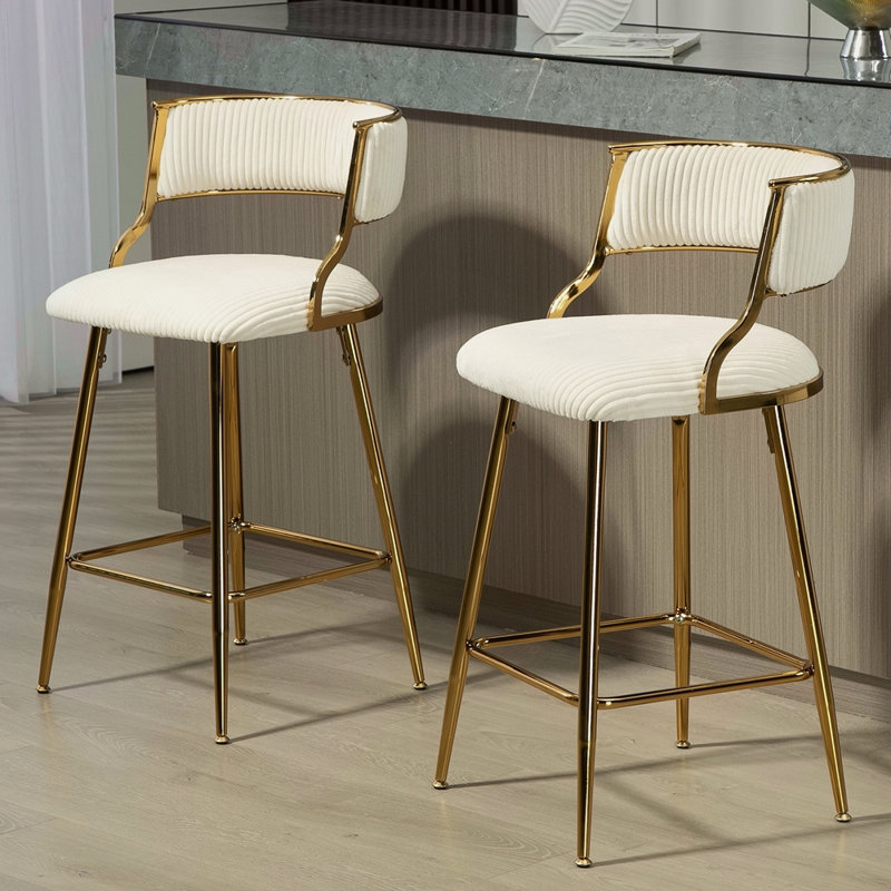 (ENSEMBLE de 2) tabourets de bar 26 po à hauteur de comptoir en velours côtelé avec dossier, base chromée dorée et repose-pieds