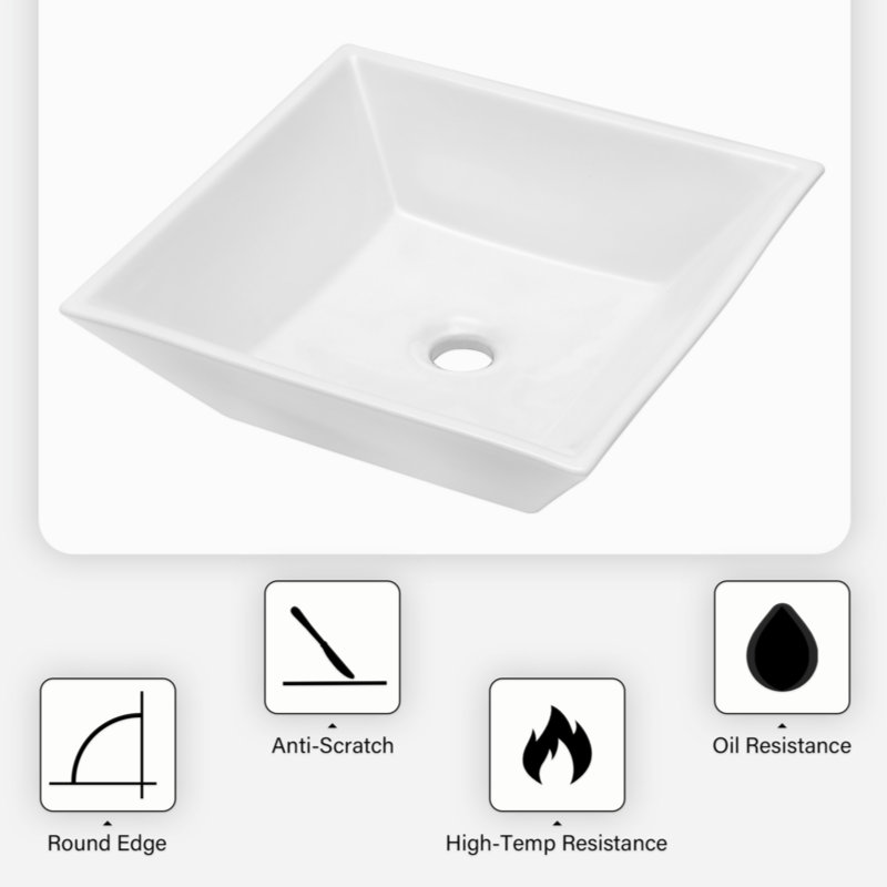 16-Inch White Ceramic Square Vessel Bathroom Sink