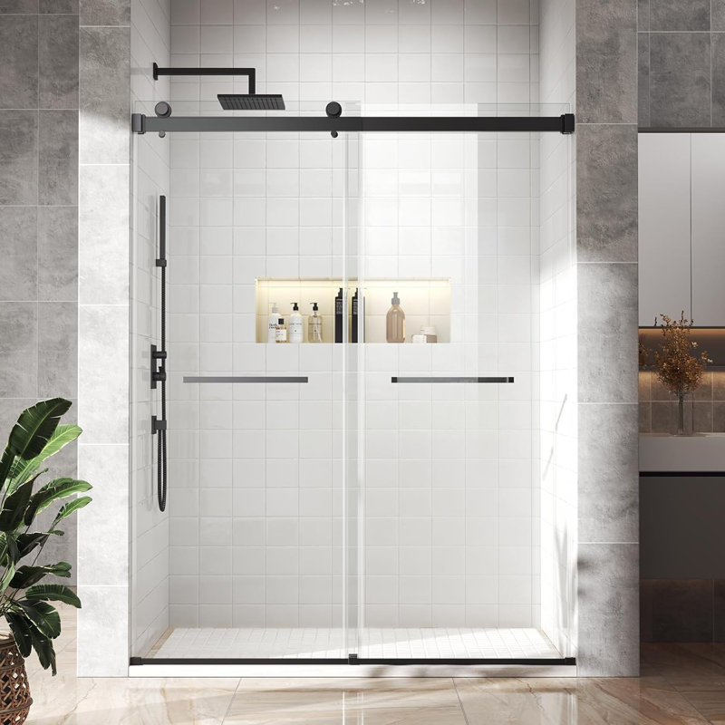 Porte de douche coulissante double sans cadre de 56 à 60 po x H 76 po avec verre trempé 5/16 po (8 mm), accessoires en acier inoxydable