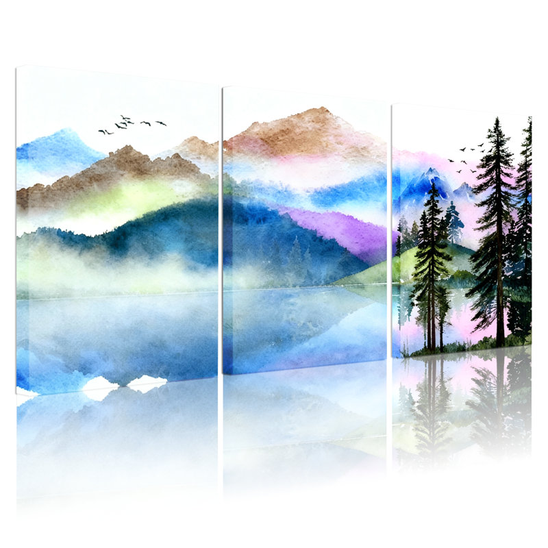 Paysage et nature, lac, forêt, ciel, oiseaux, arbres, eau, réflexion sur l'eau, ensemble de 3 impressions sur toile