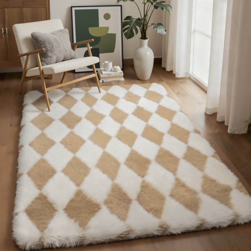 Modern Beige/Brown Checkered Machine-Washable Shag Area Rug, Rectangle 8' x 10', Beige/Brown