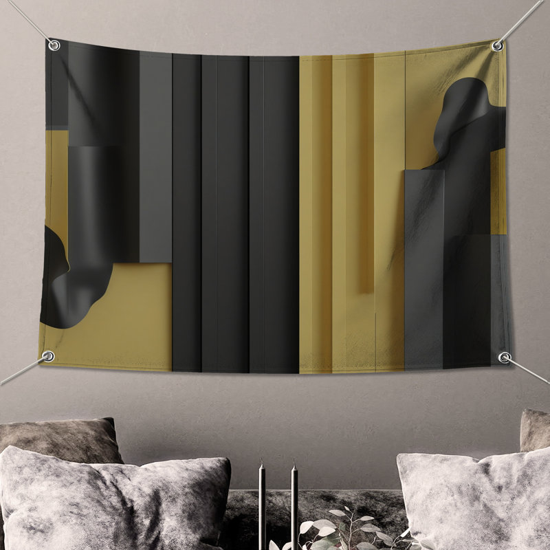 Tapisserie murale abstraite noire et jaune - décoration murale géométrique, H 50 po x l 60 po avec 4 œillets