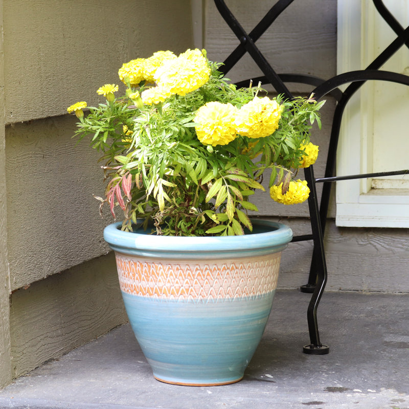 Jardinière intérieure / extérieure Chanze - 12 po x 12 po x 10 po - pot de fleurs rond en céramique à 2 compartiments - bleu / beige