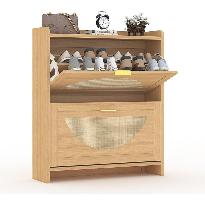 Rangement à chaussures en rotin avec 3 tiroirs rabattables, range-chaussures autoportant en bois