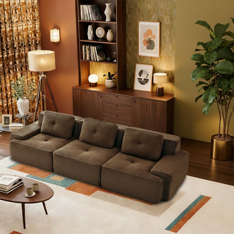 Canapé modulaire moderne à 3 places avec revêtement en velours côtelé, conception capitonnée, sans assemblage, siège profond rembourré pour le salon