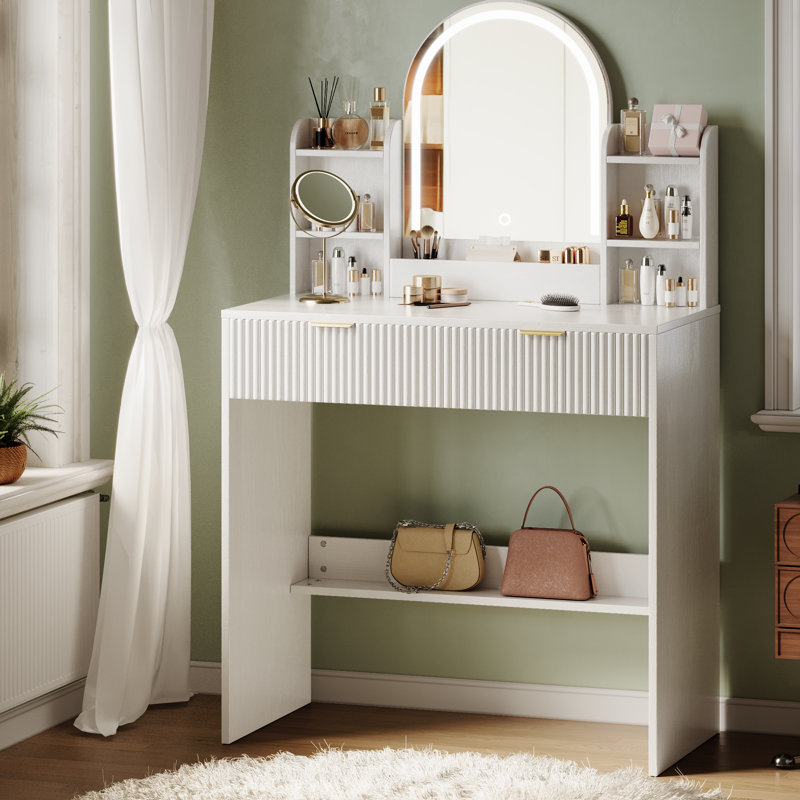 30" Fluted Makeup Vanity Desk with 3-Color Dimmable Arched LED Mirror, Storage Drawers & Open Side Shelves, White, White
