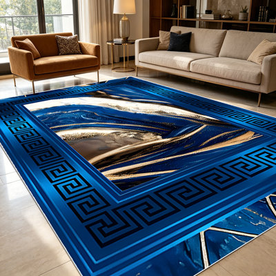 1PC Royal Blue Gold Fluid Marble Greek Key Border area rugs for Living Room, Soft and Comfortable, Suitable for all seasons, easy-to-maintain, machine washable, suitable for living room, dining table, bedroom, entryway, Home Decor, Outdoor Decor.