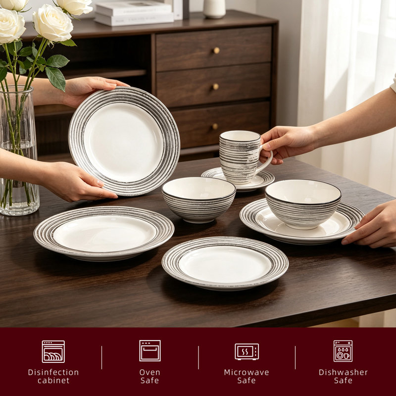 HomeVSS 16-Piece Tree Bark Stoneware Dinnerware Set, Service for 4, White Birch