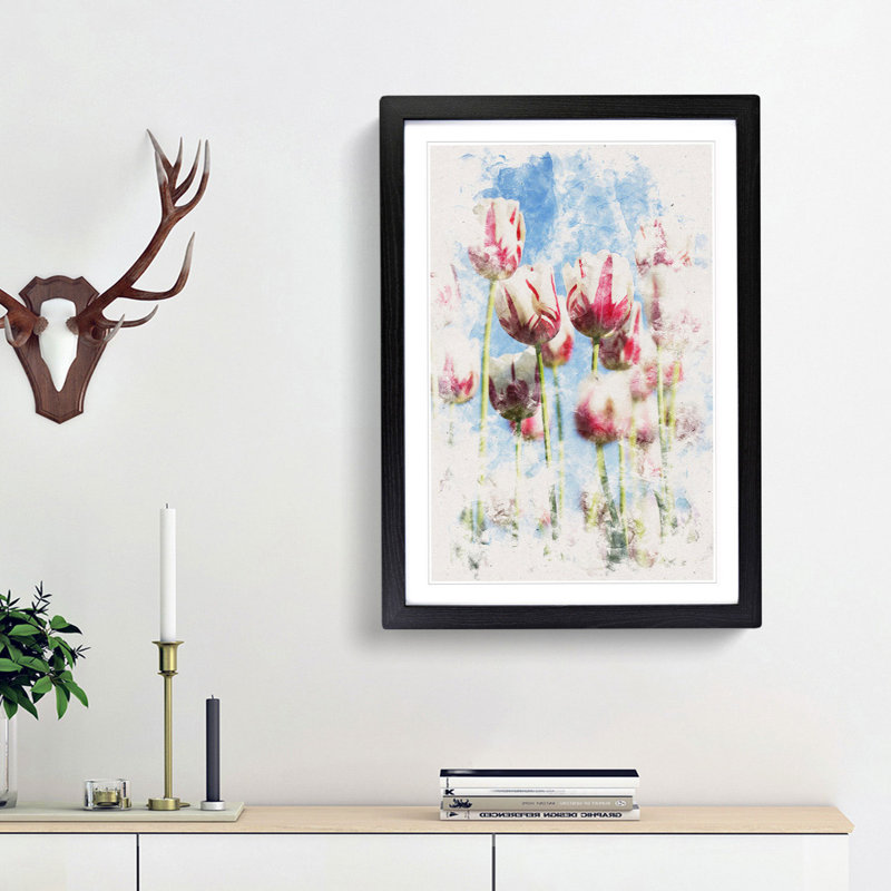 Pink & White Tulip Flowers - Picture Frame Painting Print, 63cm H x 45cm W x 2cm D, Black Framed