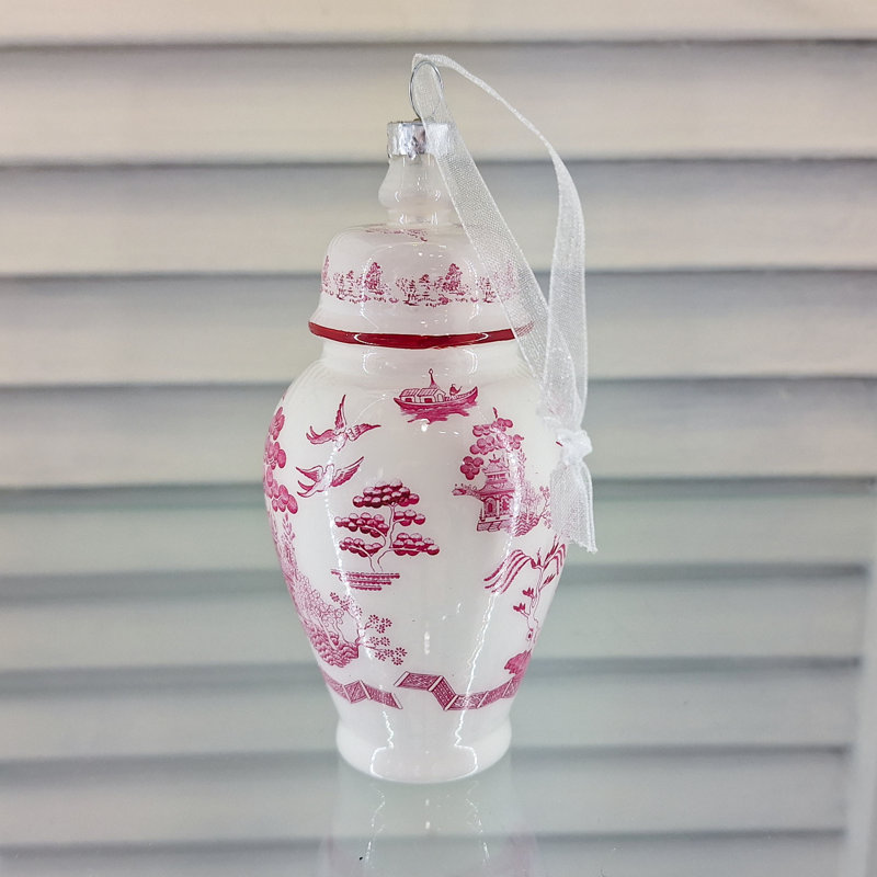 Ginger Jar Glass Ornament, White/Pink