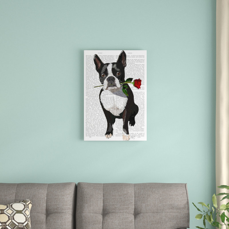 Impression sur toile tendue Fab Funky «Boston Terrier with Rose in Mouth», H 12 po x l 8 po x P 0,75 po, Toile tendue