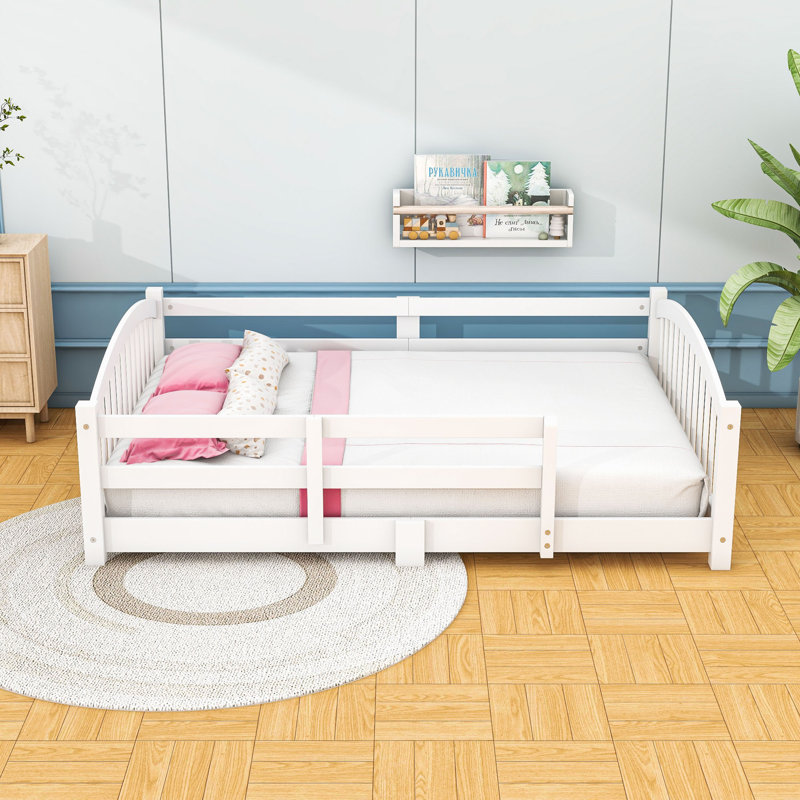 Wood Floor Bed with Safety Guardrails, Full, White
