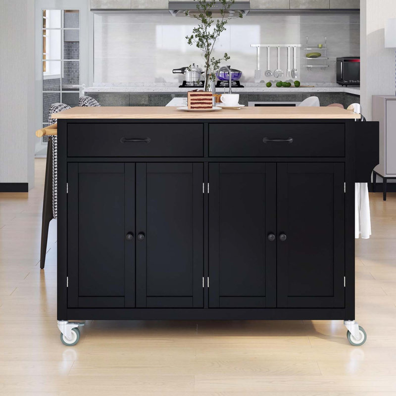 Chariot pour îlot de cuisine avec plateau en bois massif et roulettes verrouillables, largeur de 54,3 pouces, armoire à 4 portes et deux tiroirs, support à épices, porte-serviettes (noir)
