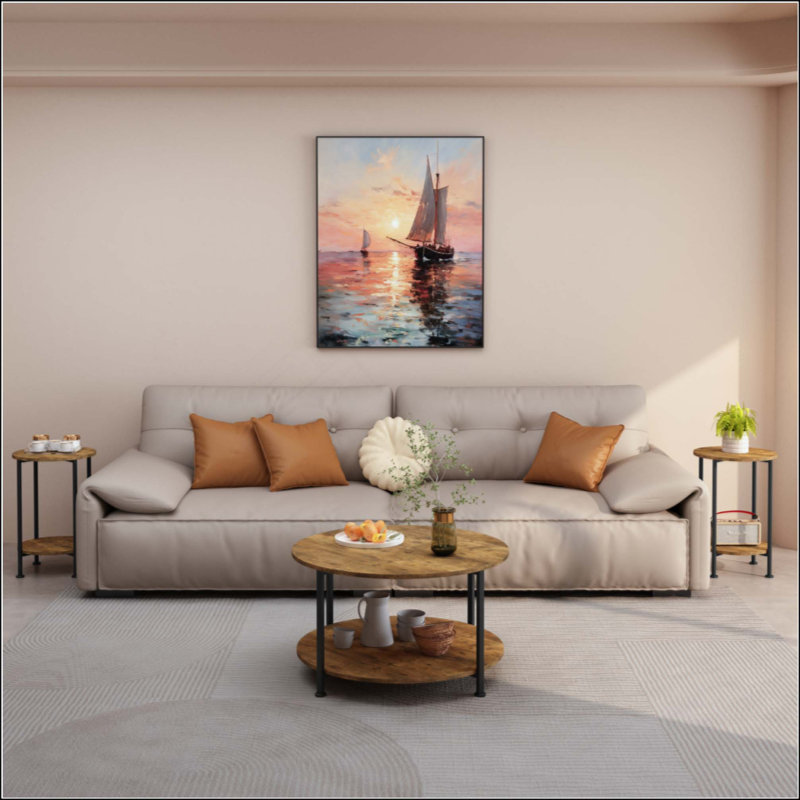 3-Piece Industrial Farmhouse Coffee Table & End Table Set, Round 2-Tier Storage Table Set for Living Room & Apartment