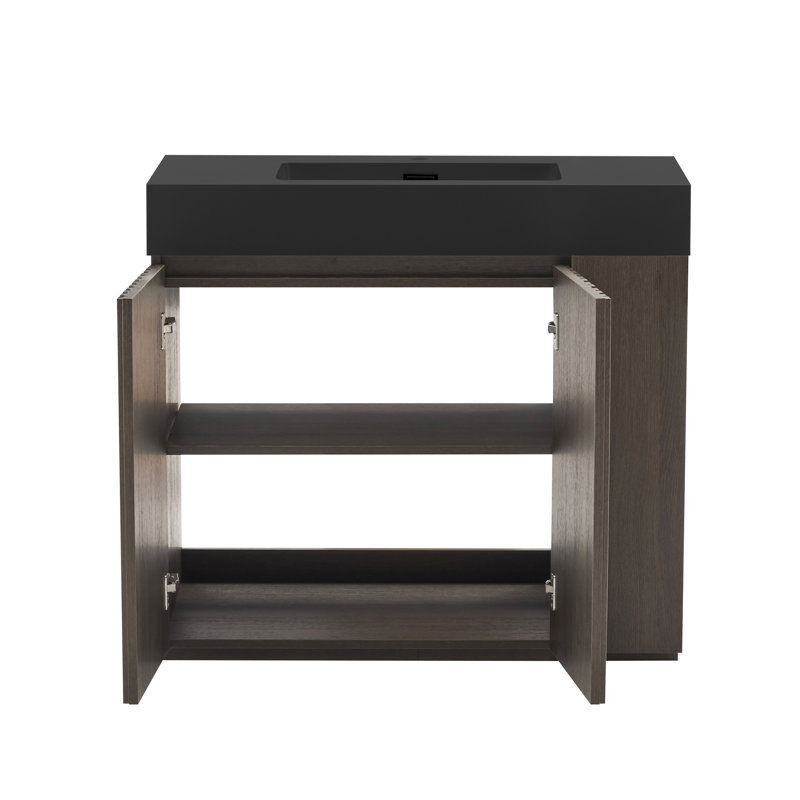 Meuble-lavabo de 36 po avec lattes en chêne fumé, grande capacité de rangement, surface imperméable, assemblage Kd, grain facile à installer, cuve en quartz noir, ajustement intérieur multi-styles, contreplaqué de catégorie E1, doux