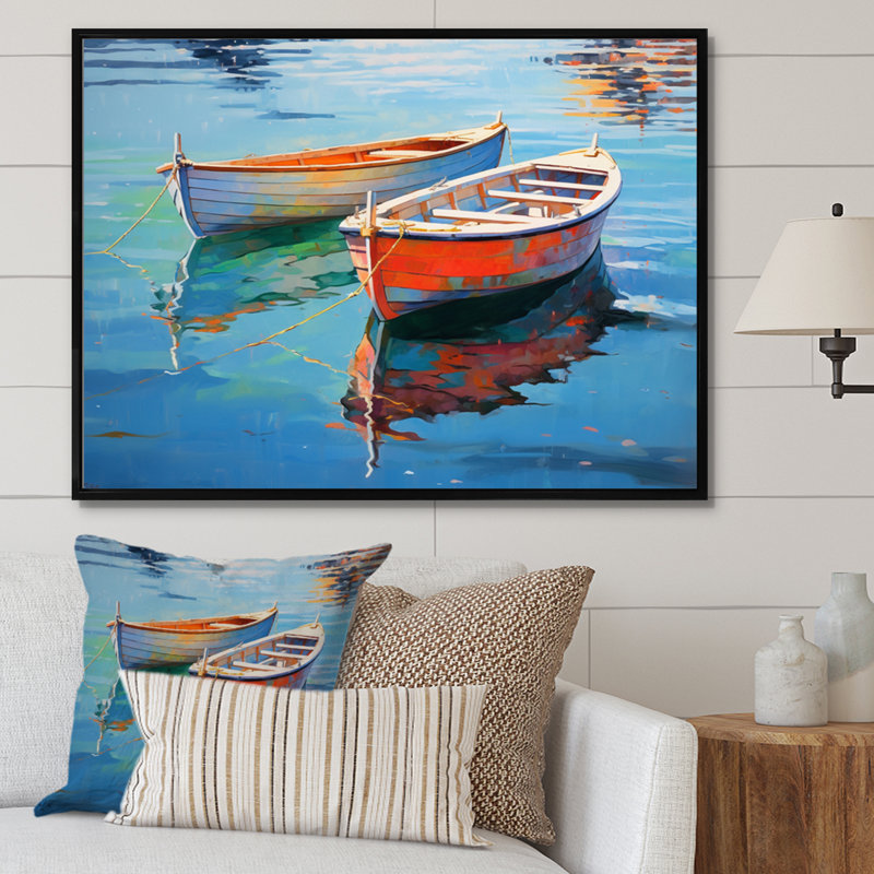 Boat Harmonic Waters - Print, 16" H x 32" W x 1" D, Black Floater Framed