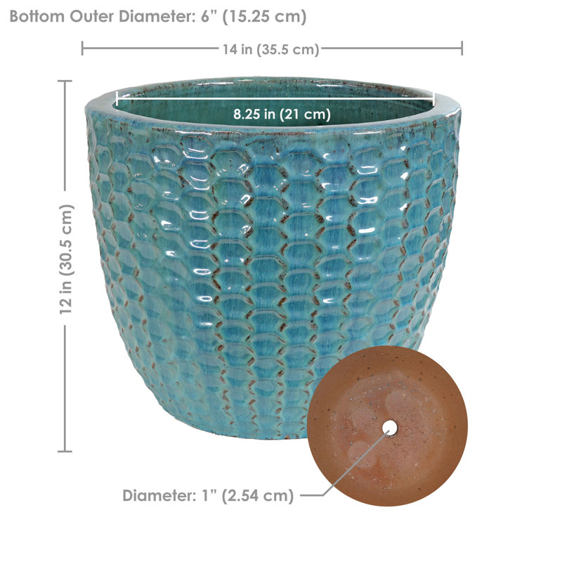 14 in (35.6 cm) Raised Hexagon Pattern Glazed Ceramic Planter - Turquoise