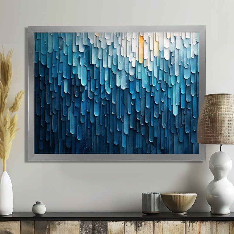 «Eastwood Drip Paint of Blue Cubic Matrix II», H 24 po x l 32 po, Avec cadre, Argent argent
