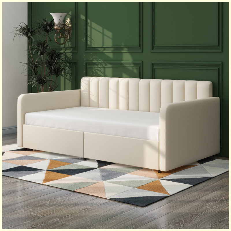 Modern Upholstered Daybed with 2 Drawers, Beige