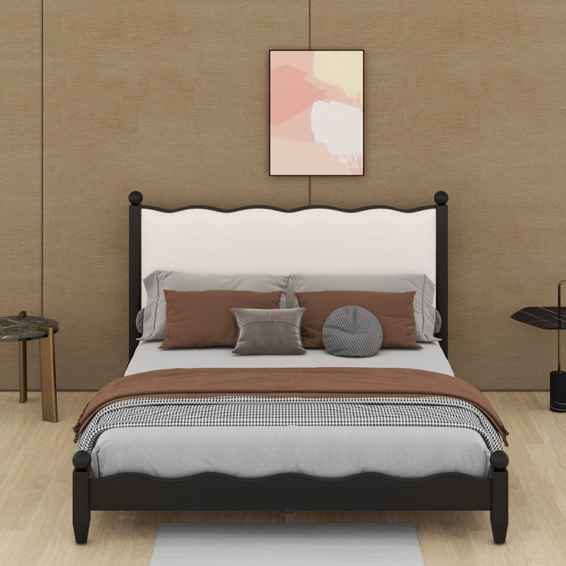 Wood Platform Bed With Upholstered Headboard, Grand lit, Noir / Beige