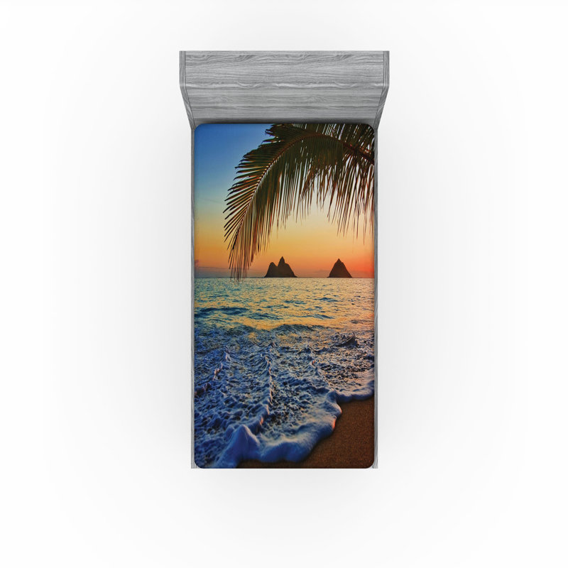 Ensemble de 2 draps-housse hawaïens Ambesonne Sunrise Lanikai Beach - brun / bleu, Drap-housse de taille simple