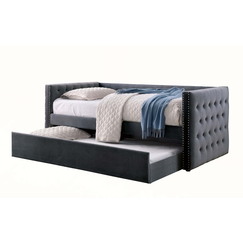 Gray Finish Transitional Style Daybed with Trundle, Nailhead Trim, Padded Button Tufted Upholstery, and Tuxedo Design, Gray