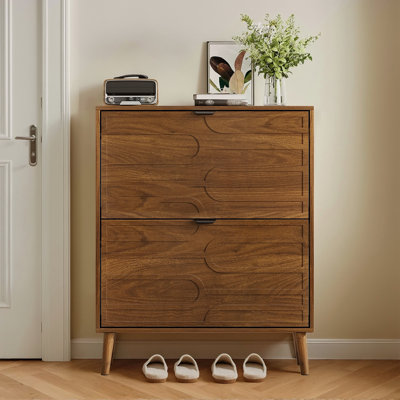 Medieval Modern Independent Shoe Cabinet, 31.5-Inch Walnut Shoe Storage Cabinet,, Fence Shoe Cabinet With 2 Flip Drawers, Suitable For Corridors And Entrances