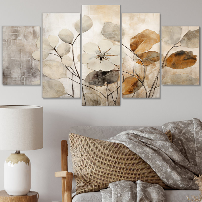 «Beige Botanical Impressions III» sur toile, reproduction de 5 pièces