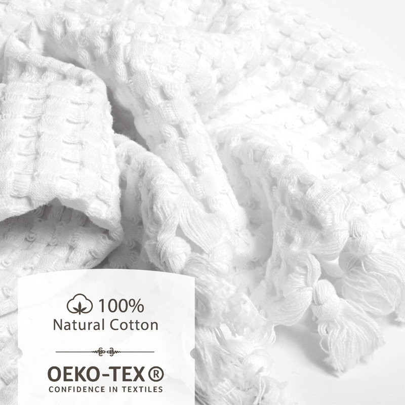 Waffle Tassel Hand Towel Set of 2 – 100% Natural Cotton Quick-Drying, Super Absorbent, Modern Style, White