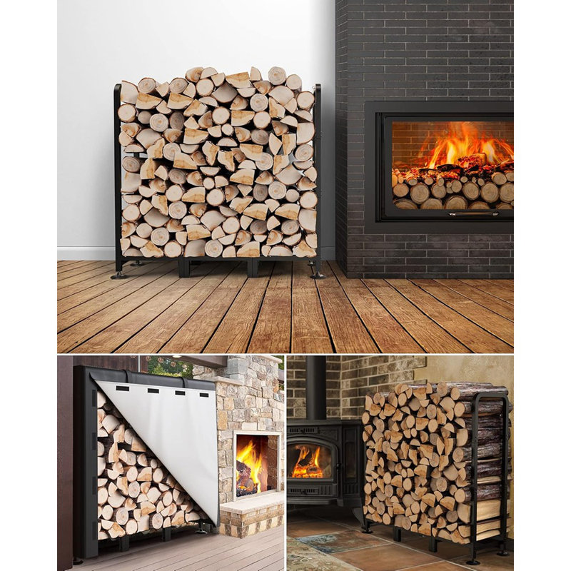 Support de bois de chauffage extérieur avec couvercle, support de bois intérieur de 4 pi pour le bois de chauffage, support de bois de chauffage imperméable à l'extérieur, support de bûches réglable et robuste pour terrasse de patio, noir
