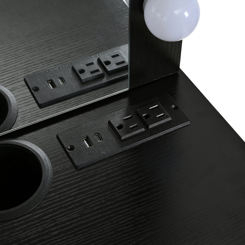 Coiffeuse avec prise de courant et grand rangement - Miroir noir 3 lumières polyvalent et compact, Black