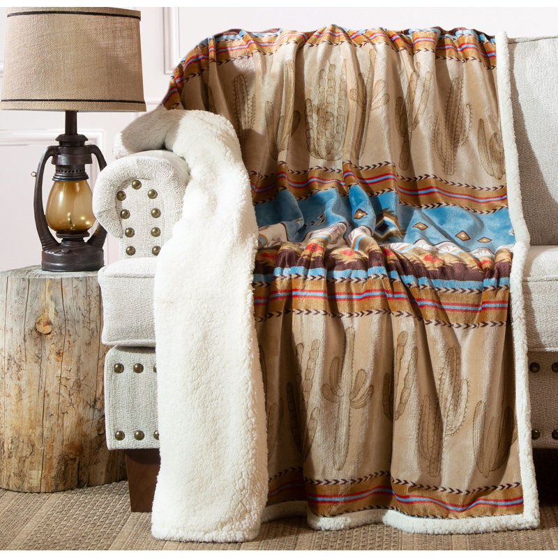Southwestern Cactus Stripe Plush Sherpa Fleece Throw Blanket, 54" x 68"