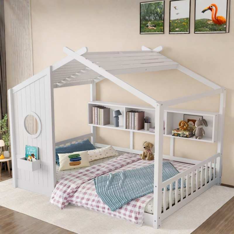Lit sur pied avec tablettes de rangement, Lit double, Blanc