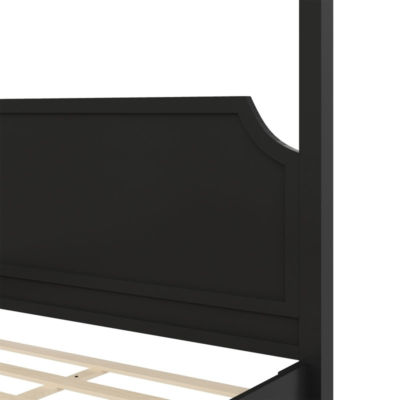 Lit plateforme à baldaquin en bois avec tête de lit et pieds de support, noir, Grand lit
