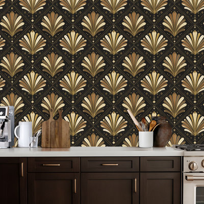 Peel and Stick Wallpaper Art Style Floral Gold Black Geometric Design Contact Paper Removable Self Adhesive Wall Mural Wall Decor for Bedroom Kitchen Cabinets 17.7in x 118in