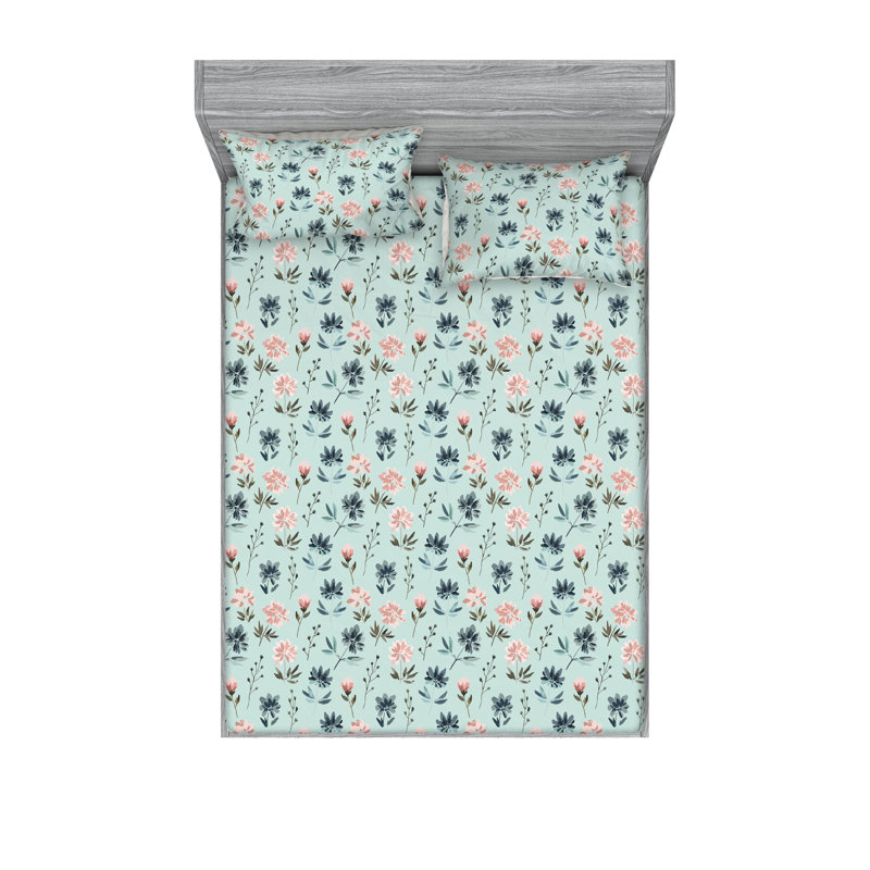 Ambesonne Fitted Sheet & Shams, Pale Blue/Rose Flower, King Sheet Set with 2 Pillowcases