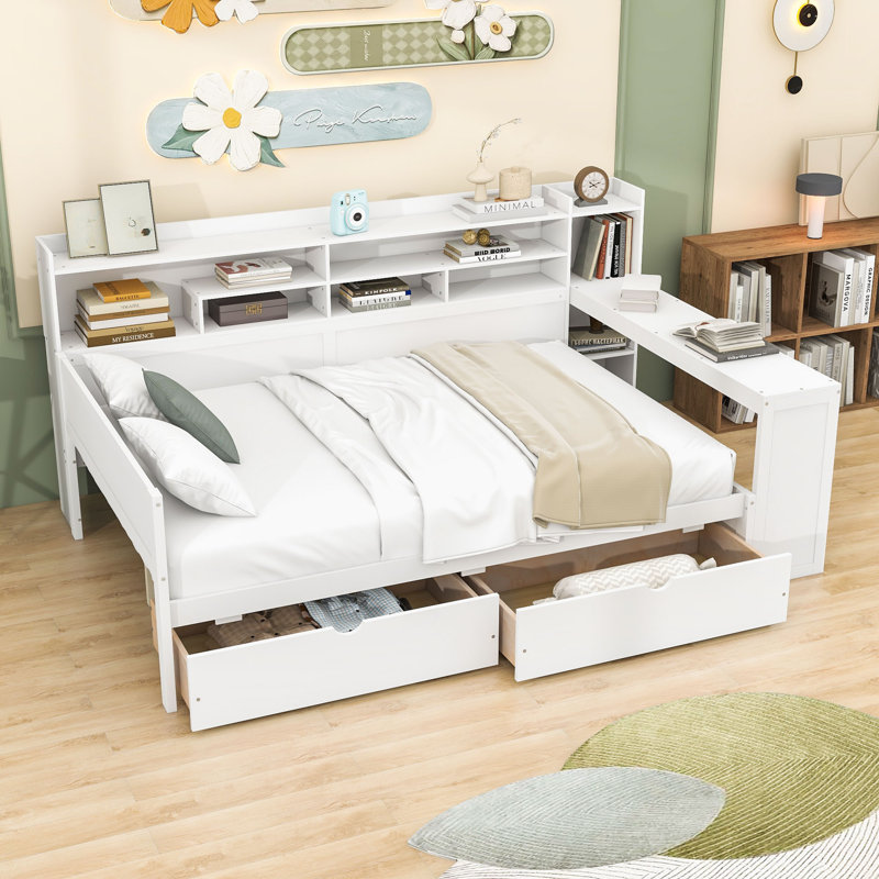 Wood Daybed with Drawers, Desk and Shelves