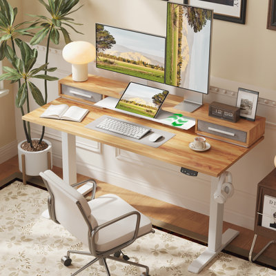 Bureau debout électrique de 55 po avec tiroirs, bureau réglable en hauteur avec tablette de rangement rétractable, table d'ordinateur de bureau à la maison