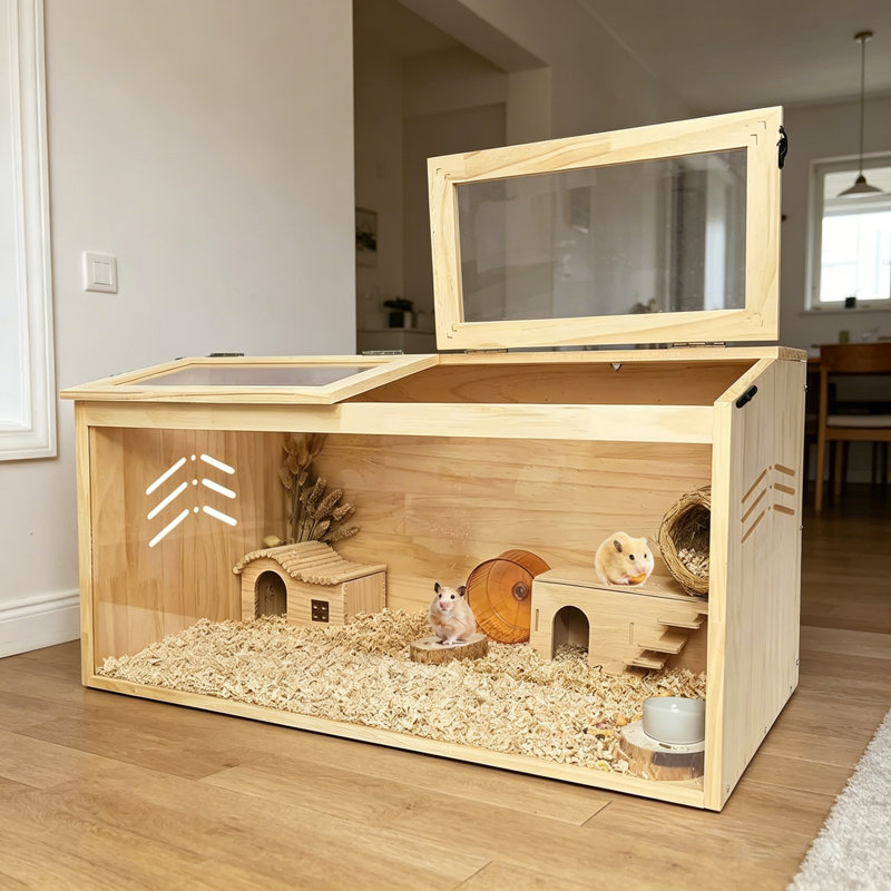 Grande cage à hamster en bois naturel avec fenêtres en acrylique, couvercle facile à nettoyer, plateformes et cachette pour hamsters nains et petits rongeurs, habitat ventilé pour le confort des animaux de compagnie