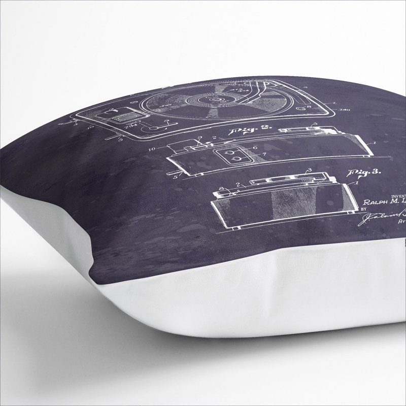 Record Player Patent Square Throw Cushion, White, 40cm H x 40cm W x 15cm D