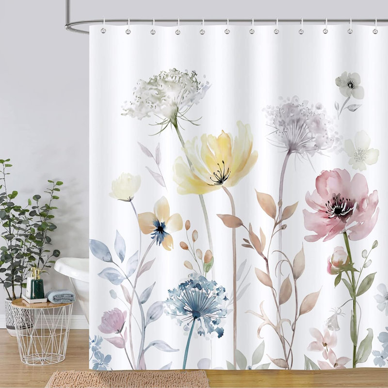 Watercolour Floral Shower Curtain with 12 Hooks