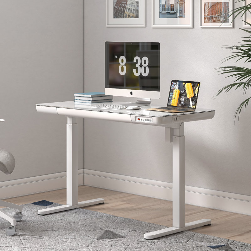 Keb Home Office Height Adjustable Glass Top Standing Desk with Drawer, White