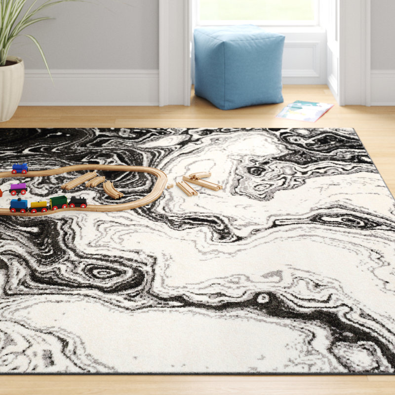 Tapis noir / gris / crème tissé à la machine Dingess, Rectangle 5 pi 3 po x 7 pi 7 po