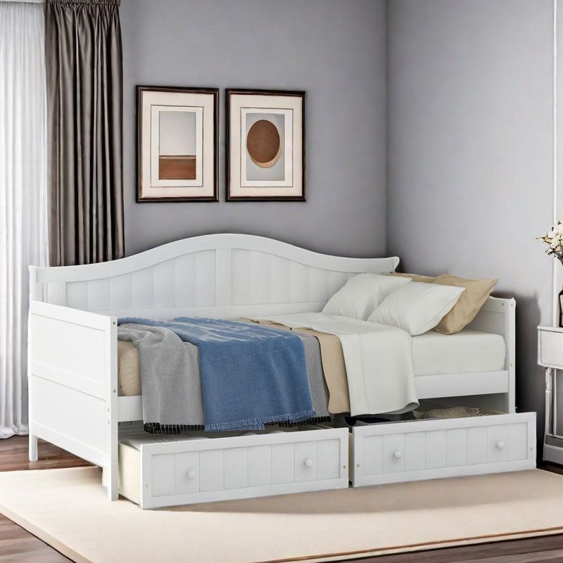 Wooden Daybed With 2 Drawers And Classic Arched Silhouette, White