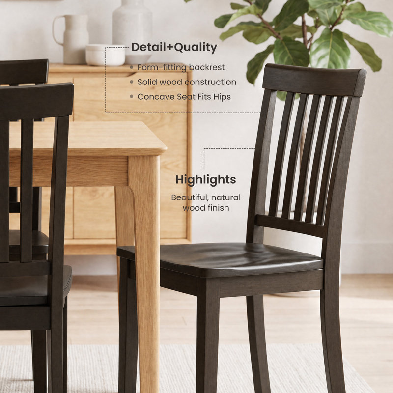 Slatted Back Dining Chair Solid Wood Side Chair, Dark Brown