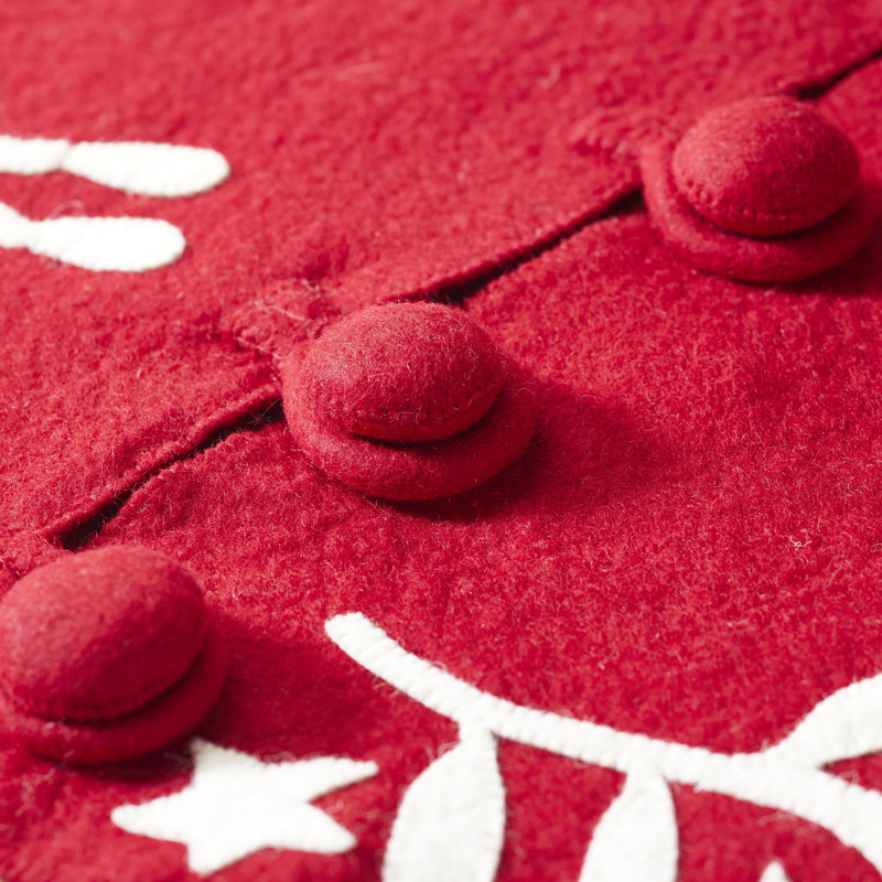 Handmade Red Felt Christmas Tree Skirt with Cream Branches and Stars - 60"